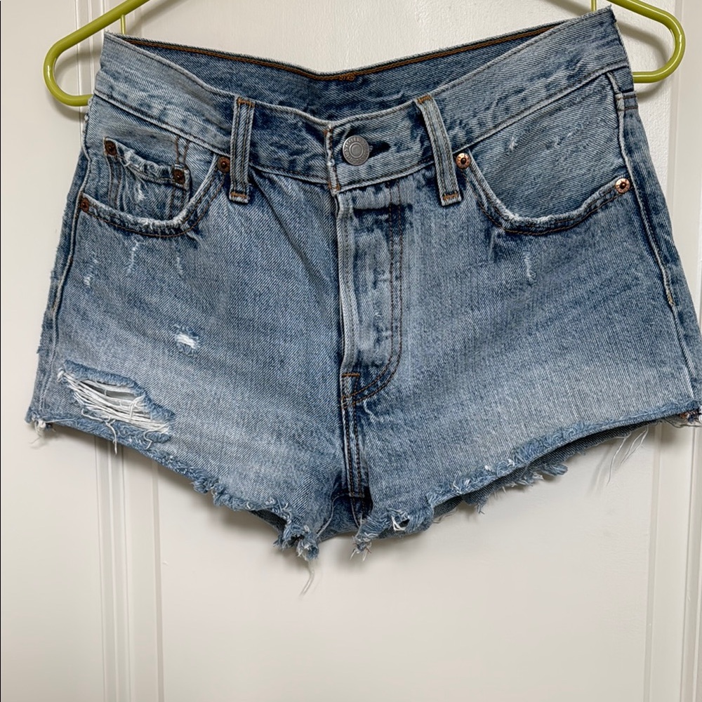 Levi's Blue Distressed Jean Shorts Raw Hem